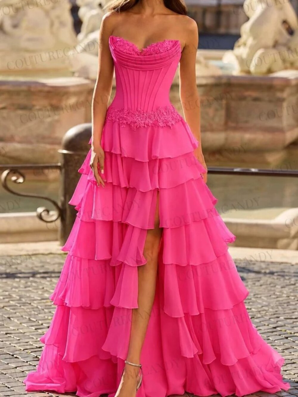 NWT Sherri Hill 57868 Strapless Tiered Corset Prom Dress Bright Fuchsia size 00